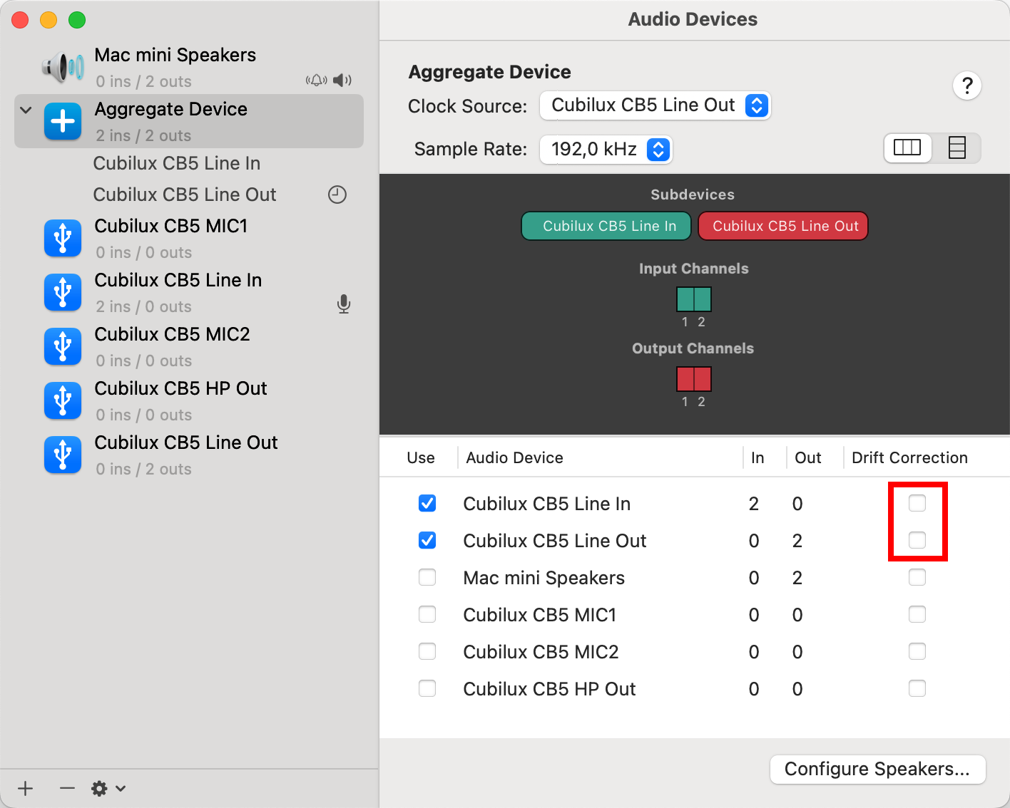 Audio MIDI Setup - an aggregate device wrapping the CB5, Drift Correction unchecked
